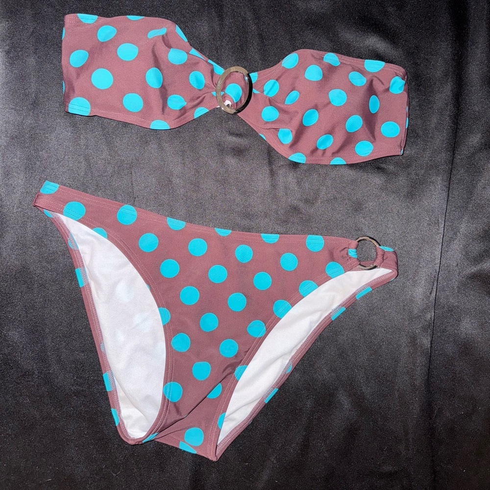 B Split Brown and Blue Polka Dot Bikini Set